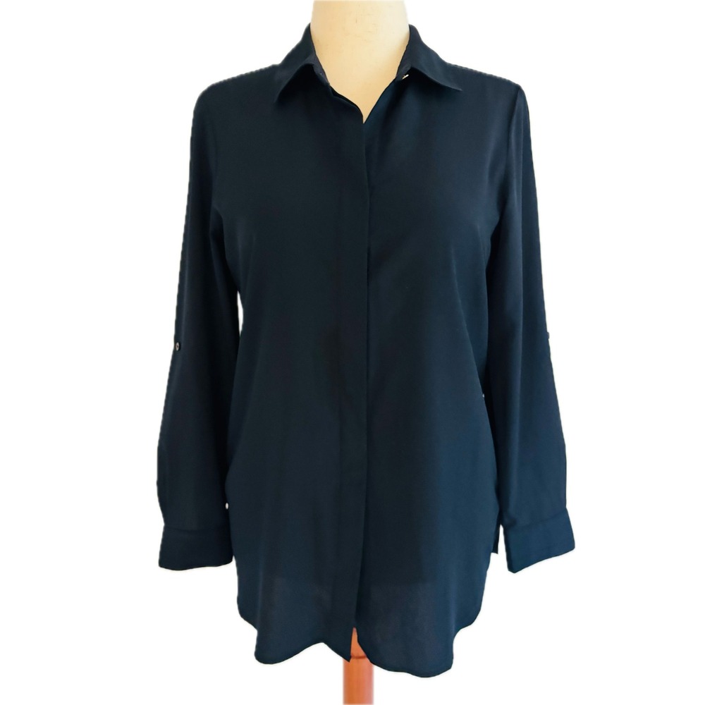Ellen Tracy Black Shirt Womens Career Hidden Button Adjustable Sleeves Pleat